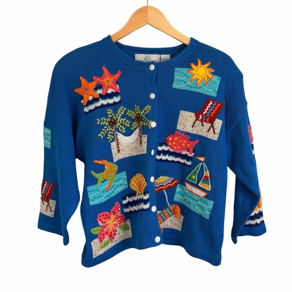 VTG Design Options Beach Tropical Embroidered 3D Knit Cardigan Women’s Sz Large